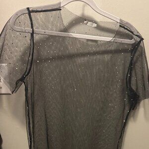 mesh knee length see through t-shirt dress with rhinestones